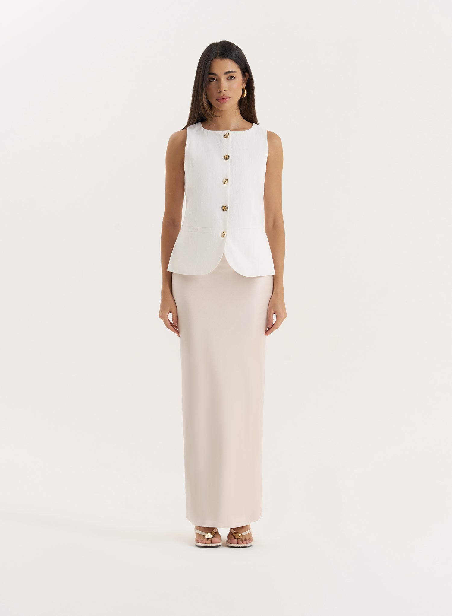 White Contrast Gold Button Tailored Waistcoat